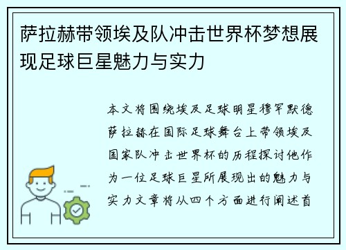 萨拉赫带领埃及队冲击世界杯梦想展现足球巨星魅力与实力